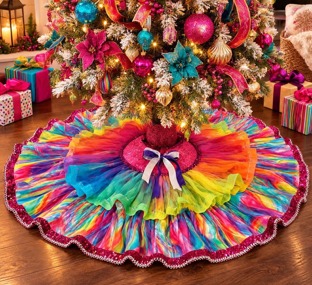 Handmade 64” Rainbow Ruffle Christmas Tree Skirt Colorful Heirloom Decor